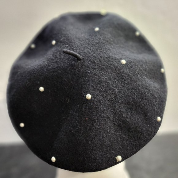 Vintage Rare Find 100% Wool Beret Made in Hong Kong Black Beret With Pearls Acce main image 7